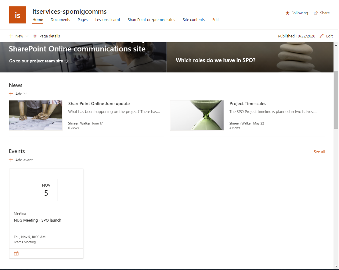 Screenshot of a Communications site in SharePoint Online, showing News and Events web parts Screenshot of a Communications site in SharePoint Online, showing News and Events web parts