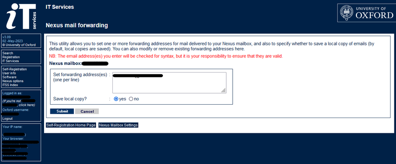Screenshot of Nexus mail forwarding showing how to delete forwarding email addresses